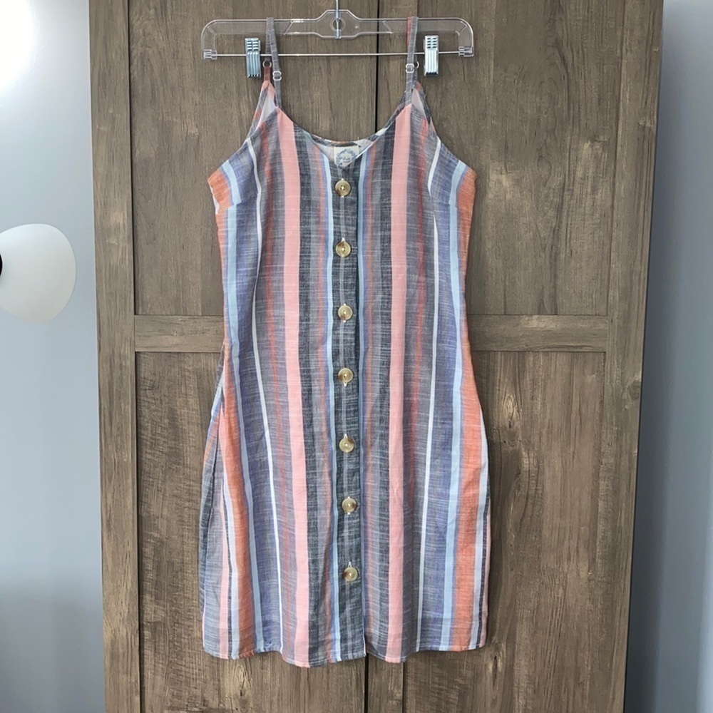 FRANCESCA’S Blue Rain Maya Button Down 100% Cotton Stripped Dress Size Small - Picture 2 of 16
